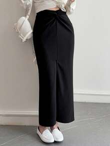 DAZY Chân váy nữ màu trơn, kiểu dáng thanh lịch, xẻ tà, thời trang. - màu đen - Xem 7