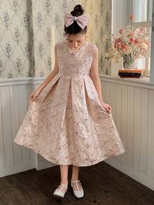 DAZY Tween Girl Floral Jacquard Round Neck Pleated Design Fashionable Elegant Sleeveless Party Dress