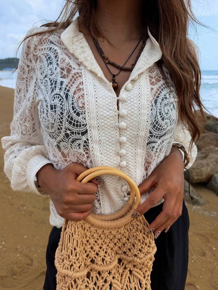 French Hollow-Out Lace Blouse, Elegant And Unique Women's Top Long Sleeve