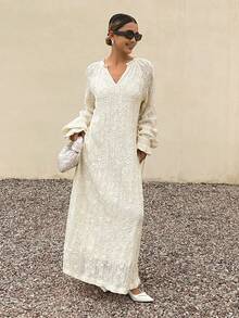 Livesso Frühlings- und Sommer-Loose Lässig Urlaubsstil Hohlspitze Kleid mit geraffter Taille, weißes knöchellanges Kleid für Frauen - Beige - Übersicht 3