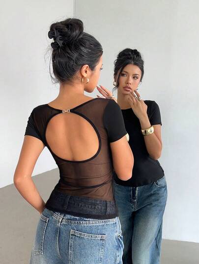 Siren Gaze Camiseta con espalda descubierta de encaje y parches para mujer, estilo americano de verano con pliegues, ajuste ceñido, manga corta negra