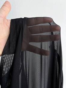 Viva Relle Plus Size Women Knit Patchwork Mesh Sexy Bow Decor Dress - Black - View 7