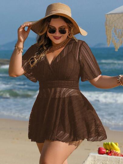 Swim Lushoire Plus Size Women 2pcs Solid Color Mesh Skirt Casual Beach Holiday Bikini Swimsuit Set