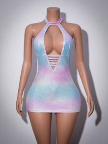 AltBold Ombre Coated Shiny Y2K Backless Deep V Slimming Club Outfit Party Music Festival Women Nightgown - Multicolor - View 6