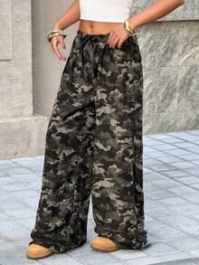 Muchica 女士时尚休闲迷彩针织阔腿裤 - 橄欖綠 - 查看 5