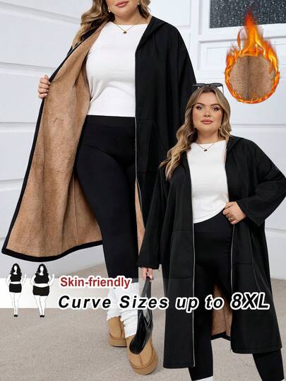 SHEIN CURVE+ Chaqueta con capucha, bolsillos y tela gruesa de color verde, talla grande para mujer