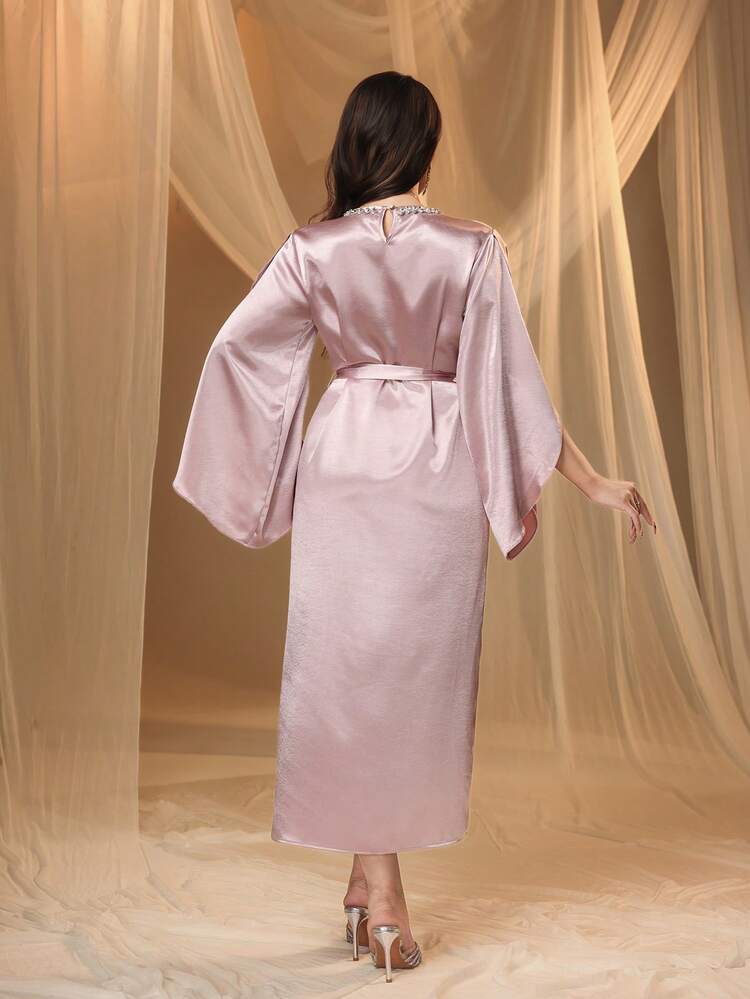 Women's Elegant Solid Color Beaded Ruffle Sleeve Belted Mid-Length Dress, Spring/Summer Wedding Guest Dress Sundress