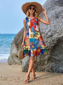 Sylviya 女士休闲度假热带印花无袖连衣裙 夏季假日 - 彩色 - 查看 6