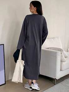 DAZY Letter Print Pattern Long Sleeve Loose Knit Dress, Spring/Summer Maxi Dress - Dark Grey - View 2