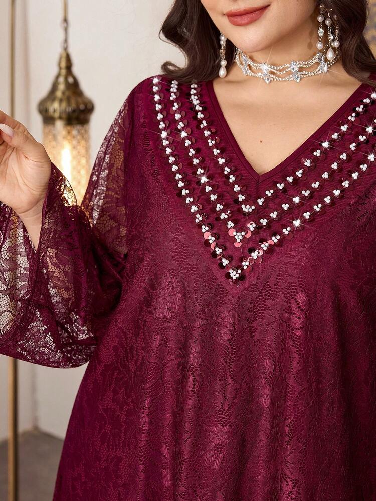 Al Najma 大码女式蕾丝面料串珠领优雅连衣裙，春夏款 - 酒紅色 - 查看 2