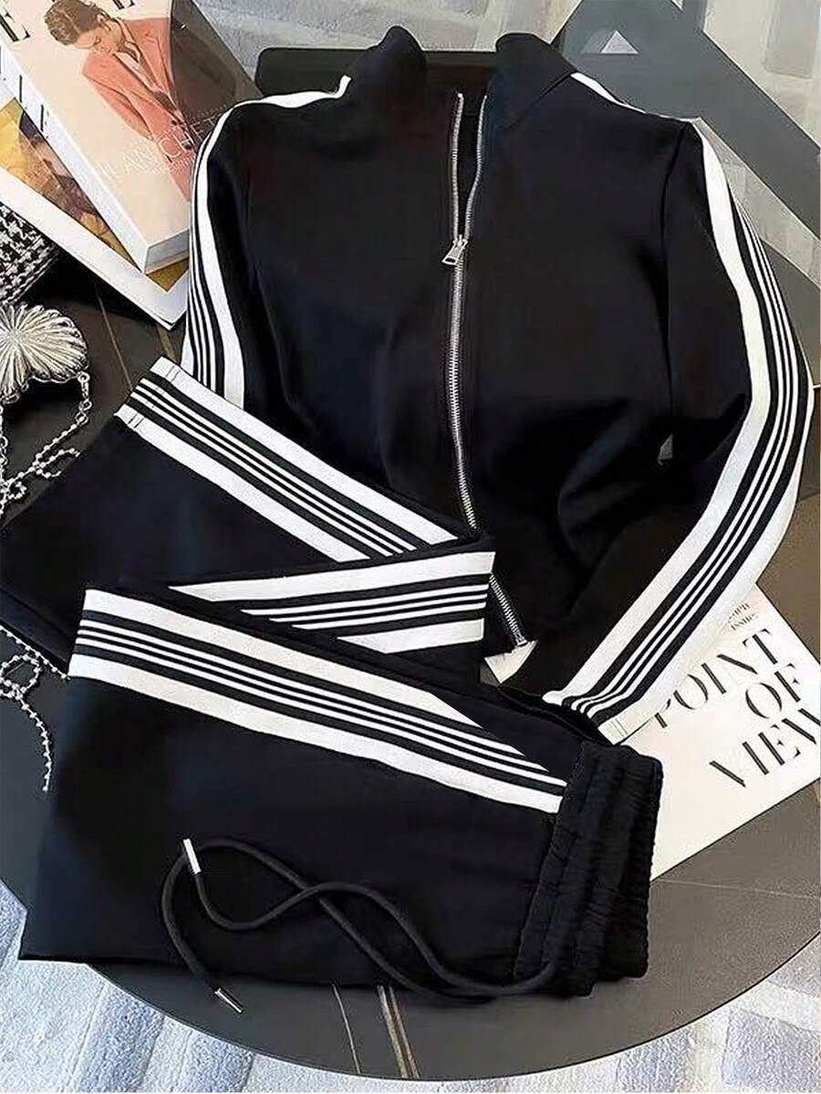 Resyla 2件套撞色条纹夹克和裤子休闲套装 - 彩色 - 查看 1