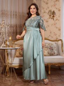 Ellevyn 大码女士优雅拼接刺绣网纱腰部裹身褶皱连衣裙 - 薄荷綠 - 查看 10