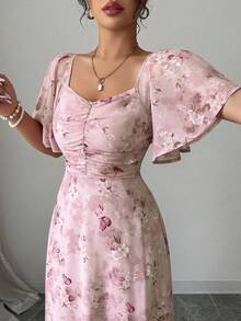 Modelyn 女士雪纺蝴蝶印花蝙蝠袖百褶甜美法式夏装 - 藕粉色 - 查看 8