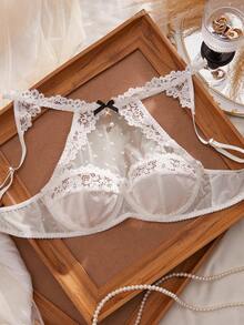 SHEIN Women's Lace Patchwork Halter Neck Underwire Bra With Bow Decor - White - View 6