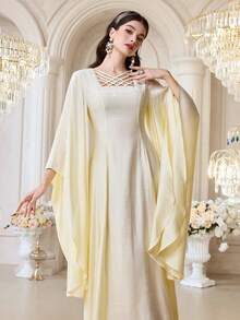 Al Najma Women's Elegant Crossed Square Neck Flare Sleeve Waist Cinched Arabic Style Dress - Yellow - View 4