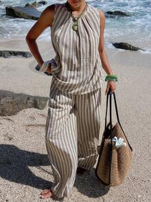 Livesso 2pcs/Set Women Casual Striped Sleeveless Top And Pants - Khaki - View 2