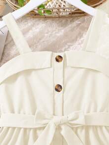 SHEIN Sparklyn 少女翻领吊带纽扣腰带休闲连衣裙 象牙色连衣裙 少女象牙色连衣裙 - 杏色 - 查看 3