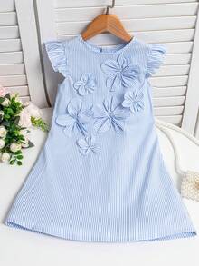 SHEIN Vestido casual de verano para niña con rayas, flores y volantes - Azul - Ver 3