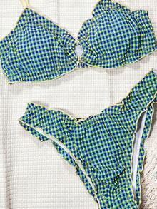 Bonvoyette-D 夏季黄蓝格子提花面料荷叶边圆环装饰女士休闲可爱沙滩比基尼泳装套装 - 彩色 - 查看 4