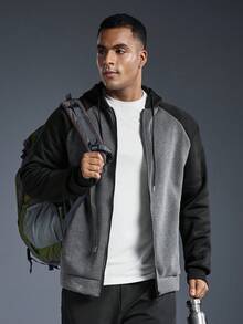 Driftmere 秋冬新款男士长袖连帽抓绒拼接撞色外套，休闲运动健身外套