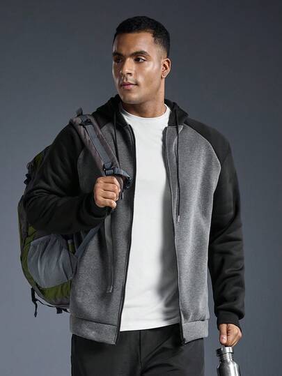 Driftmere 秋冬新款男士长袖连帽抓绒拼接撞色外套，休闲运动健身外套