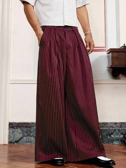 SWAVVY Men's Burgundy Striped Woven Fabric Long Straight Leg Pants With Zipper Details Modern Casual Style Pleated Pants Designer Pants