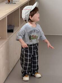 2pcs/Set Baby Boys' Round Neck Printed Casual T-Shirt And Plaid Casual Pants Set Summer - Grey - View 6