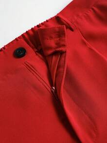 GlowEve CURVE Plus Size Women's Elegant Fabric Summer Vest Suit Shorts Two Pieces Set, Open Front, Bow Decor, Solid Button Design, Tailored Shorts, Suitable For Graduation, Holidays, Valentine's Day, Music Festivals, Mother's Day, Halloween, Thanksgiving, Easter, National Day, Galas, Dates, Parties, Weddings, Outdoor Activities Red Suits For Woman