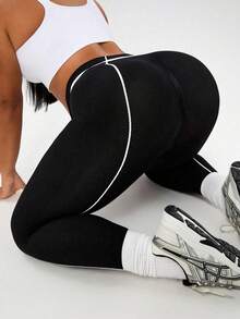 Rhythm Era 大码女式黑色无缝运动紧身裤，白色条纹瑜伽七分裤，健身 - 黑與白 - 查看 8