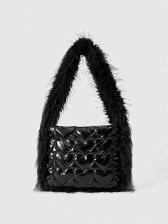 Grunge Punk Borsa a spalla da donna alla moda con texture a cuore e patchwork in pelliccia