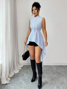 Elenzga Urban Chic 新款女士春夏蓝白条纹立领无袖衬衫，前短后长，收腰设计，适合日常穿着、婚礼、晚宴、通勤、毕业派对、节日、假期、约会、聚会、万圣节、圣诞节、新年、感恩节、新娘装等场合。 - 藍色 - 查看 3