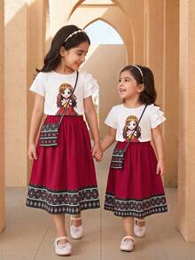 Set de 2 piezas: Bata con mangas de linterna con estampado de dibujos animados para niñas preadolescentes, conjunto de top con cuello Peter Pan de estilo medio oriental impreso y vestido rojo con estampado de patchwork, con mochila de dibujos animados, conjunto de vestido de verano cómodo - Burdeos - Ver 3