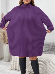 SHEIN CURVE+ Plus Size Casual Minimalist Turtleneck Ribbed Brushed Red Sweater Dress, Suitable For Casual Wear And Christmas Plus Size Knit Dress - Purple - View 6
