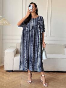 Vivie Lora Đầm midi dáng rộng kẻ sọc dọc phối họa tiết hoa retro dành cho nữ. - Màu xanh lam - Xem 7