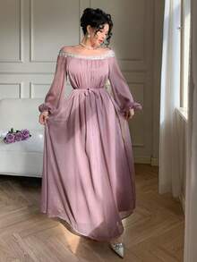 DAZY Elegant Off-Shoulder Midi Dress, Fitted Waist, Shiny Rhinestone Decor, Suitable For Valentine's Day, Wedding, Party, Formal Occasions, Spring/Summer Sundress - Purple - View 4