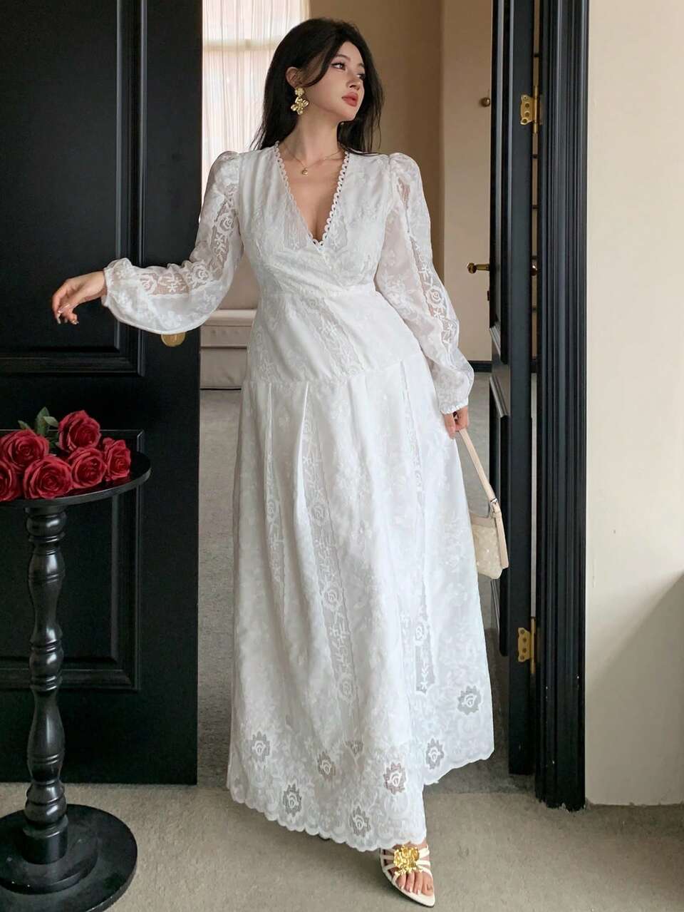 Spring & Summer V-Neck Lace Jacquard Elegant Slim Waist Casual Vacation White Midi Dress For Women Wedding Guest Dress Sundress