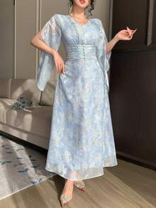 DAZY Đầm dài voan họa tiết hoa nhí cho nữ, thiết kế eo xếp ly thanh lịch, thích hợp cho mùa xuân, hè, kỳ nghỉ, đi biển, đi làm, đám cưới và hẹn hò, đầm maxi dự tiệc cưới, đầm hè. - Màu xanh nhạt - Xem 3