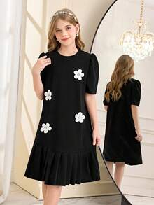 Girls' Sweet & Cool Dress, Black 3D Floral Decor, Short Sleeve Pleated Hem, Spring/Autumn Fashion Patchwork, Cute Outfit For Daily, Party, Outing - Black - View 1