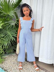 Girls Frill Trim Bowknot Back Striped Jumpsuit Pants, Casual Vacation Beach Wear For Summer - Blue - View 5