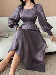 DAZY Đầm dài ngang gối tay phồng màu trơn thanh lịch dành cho nữ, thích hợp cho mùa thu/đông dự tiệc cưới. - Màu tím - Xem 7