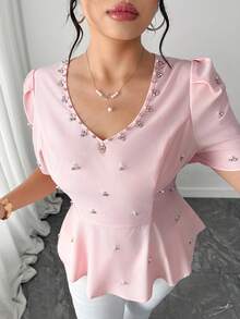 SHEIN Elenzya Áo kiểu tay ngắn cổ chữ V màu trơn, cỡ lớn, đính đá lấp lánh, thanh lịch. - Hồng - Xem 6