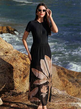 Swim Shayni Vestido ajustado con estampado de hojas de plátano negro, con manga corta elegante y cremallera, conjunto de vestido burqini para mujer