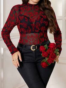 SHEIN Clasi 大码女式透视亮片网纱长袖上衣，优雅百搭，适合新年、情人节、生日、春假等场合。 - 紅色和黑色 - 查看 6