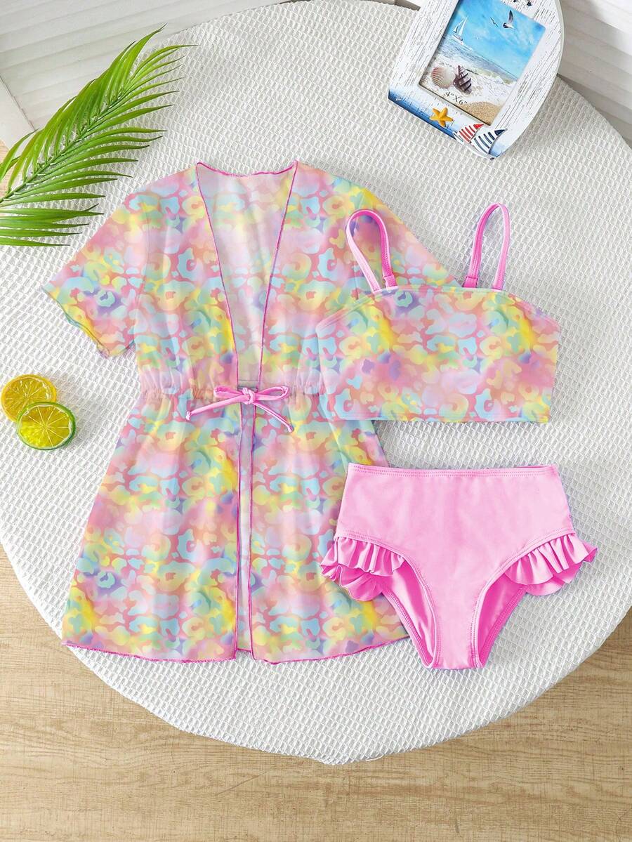 Young Girl Leopard Print Swimsuit Set With Kimono Cover-Up