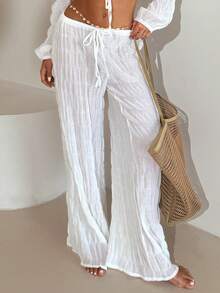 Aloruh Quần ống rộng dáng suông, cạp thấp, chất liệu chiffon mỏng nhẹ, thanh lịch dành cho nữ, thích hợp cho kỳ nghỉ biển, phụ nữ đi biển, kỳ nghỉ hè. - trắng - Xem 7