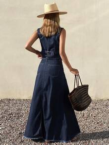 DAZY Women's Casual Washed Pocket Denim Vest & Skirt 2-Piece Set, Spring/Summer - Blue - View 2