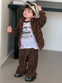 DAZY 两件套幼儿男童连帽豹纹休闲宽松卫衣外套和宽松运动裤套装