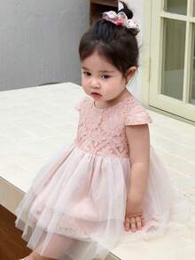 DAZY Toddler Girls' Round Neck Lace Casual Mesh Patchwork Party Birthday Short Sleeve Dress - Pink - View 9