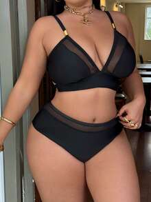 Swim SXY Ensemble de bikini noir unicolore 2 pièces grande taille amincissant avec accent en métal doré, ensemble de bikini triangle à taille haute, tenue de vacances décontractée et pour un port quotidien - Noir - Voir 3