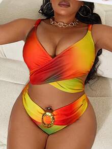 Slaydiva Plus Size Women's Tie Dye Print Front Circular Accent Bikini Swimwear Set - Multicolor - View 1